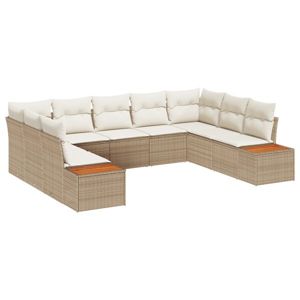 vidaXL Set de canapés de jardin 9 pièces avec coussins en poly rattan beige et acacia