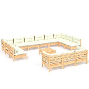 vidaXL Salon de jardin 14 Pièces avec coussins crème Bois de pin