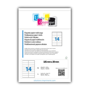 Lot de 5 planches a4 de 14 étiquettes à bords vifs 105 x 39 mm en papier blanc 70g/m² multifonction