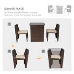 Ensemble salon de jardin encastrable 3 pièces plateau table verre trempé + lot de 2 chaises coussins résine tressée chocolat