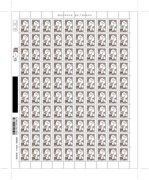 Feuille de 100 timbres Saint Pierre et Miquelon - Marianne de l'avenir surchargée - Brun - 0,05€ - 2025