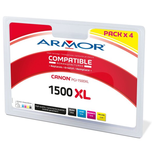 Cartouche d'encre remanufacturée, compatible pour canon pgi-1500xl, pack 4 couleurs - noir + couleurs (paquet 4 unités)