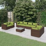 vidaXL Salon de jardin 9 Pièces avec coussins résine tressée marron