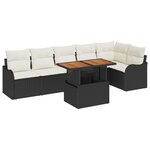 Canapés de jardin 7 pièces avec coussins noir poly rattan acacia