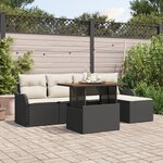Ensemble de canapé de jardin 6 pièces avec coussins Rotin Poly Noir Acacia