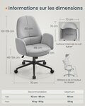 Chaise de bureau fauteuil ergonomique avec accoudoirs hauteur réglable pivotant style moderne dossier haut assise large confortable tissu coton-lin gris 12_0006052