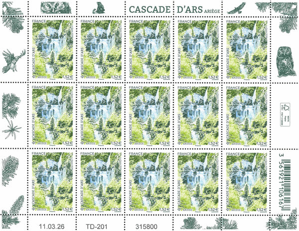 Feuille de 15 timbres - Cascade d'Ars - Lettre Verte