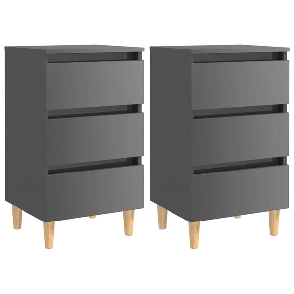 vidaXL Tables de chevet pieds en bois 2 Pièces Gris brillant 40x35x69 cm