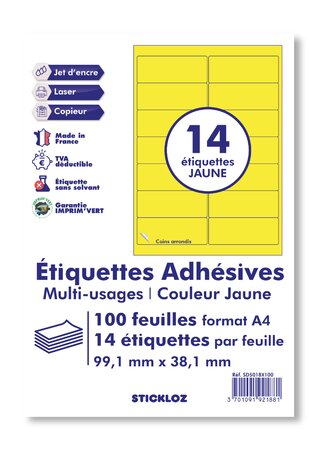 100 planches a4 - 14 étiquettes 99,1 mm x 38,1 mm autocollantes jaune par planche pour tous types imprimantes - jet d'encre/laser/photocopieuse