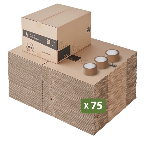 Pack and Move - Lot 75 cartons déménagement hauteur modubale variable personnalisable - 50 x 40 x 20-30 cm - Poignées renforcées - 3 adhésifs offerts
