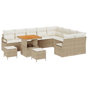 Ensemble de 12 pièces de canapé de jardin avec coussins en beige poly rotin acacia