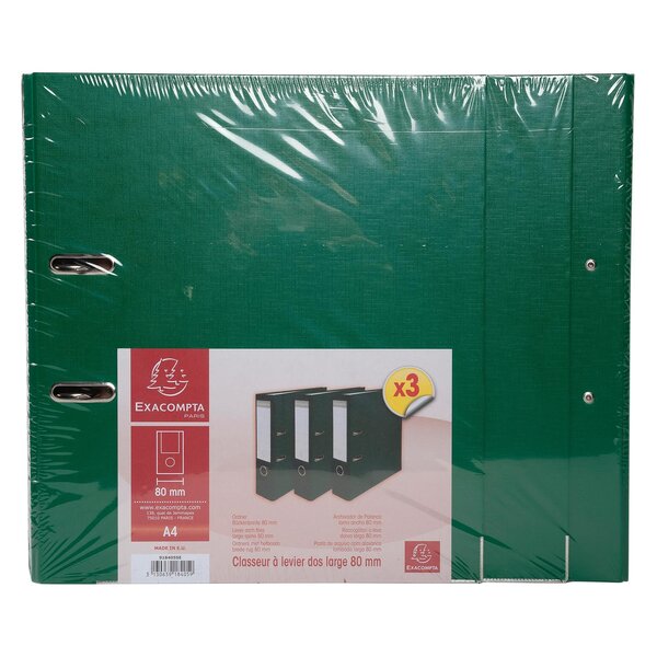 Lot De 3 Classeurs À Levier - Dos De 80mm - Format À Classer A4 - Extérieur En Polypropylène / Intérieur En Papier - Vert Foncé - Exacompta