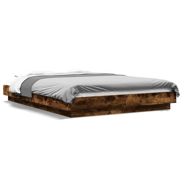 vidaXL Cadre de lit et lumières LED sans matelas chêne fumé 135x190 cm