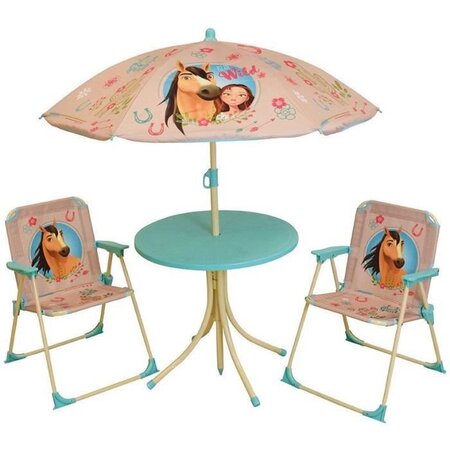 SPIRIT Salon de jardin : 1 table ronde, 2 chaises, 1 parasol pour enfant