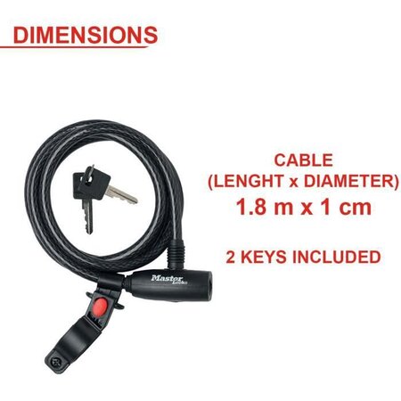 MASTER LOCK Cable Antivol Vélo [1,8 m Câble] [Clé] [Extérieur