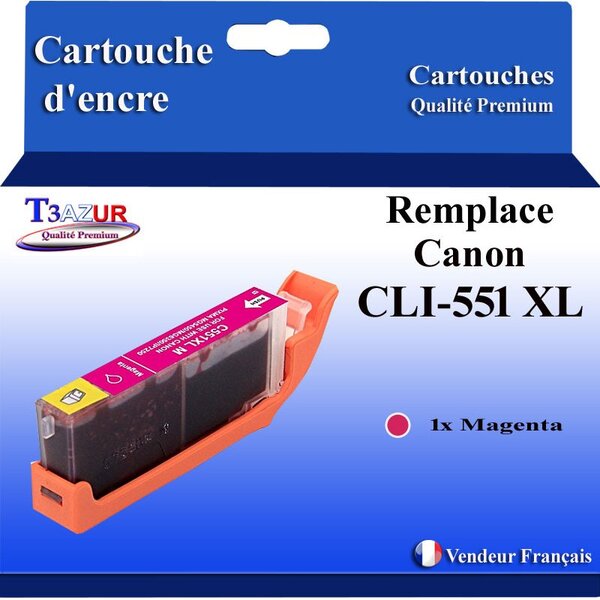 T3AZUR - Cartouche compatible avec Canon CLI551XL CLI-551 XL pour Canon Pixma MG5400 MG5450 MG5500 MG5550 MG5600 MG5650 MG5655  - Magenta