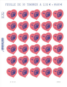 Feuille 30 timbres Coeur - Saint Louis - 100g - Lettre verte