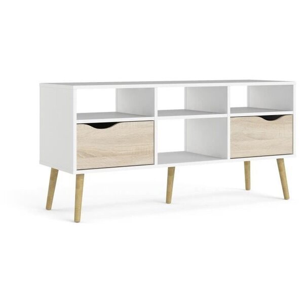 Meuble TV 4 niches 2 tiroirs - Blanc / chêne - 117 x 39 x 57 4 cm