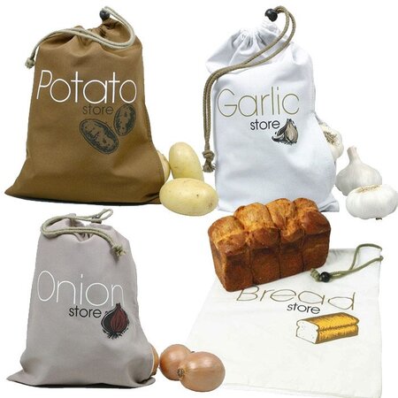 4 sacs de conservation alimentaires en tissu : ail  oignons  pommes de terre  pain
