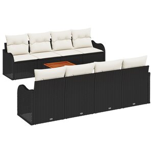Canapé de jardin 9 pièces avec coussins Noir Poly Rattan Acacia
