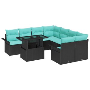 vidaXL Ensemble de canapé de jardin avec coussin 9 Pièces Noir Poly rotin