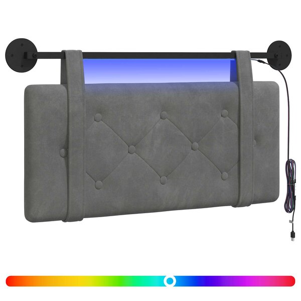 vidaXL Tête de lit suspendue Avec lumière LED Gris foncé Velours