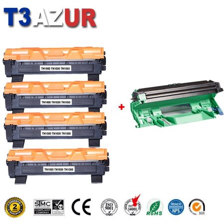 Kit Tambour+ 4 Toners compatibles avec Brother TN1050  DR1050 pour Brother MFC1810  MFC1910  MFC1910W - T3AZUR