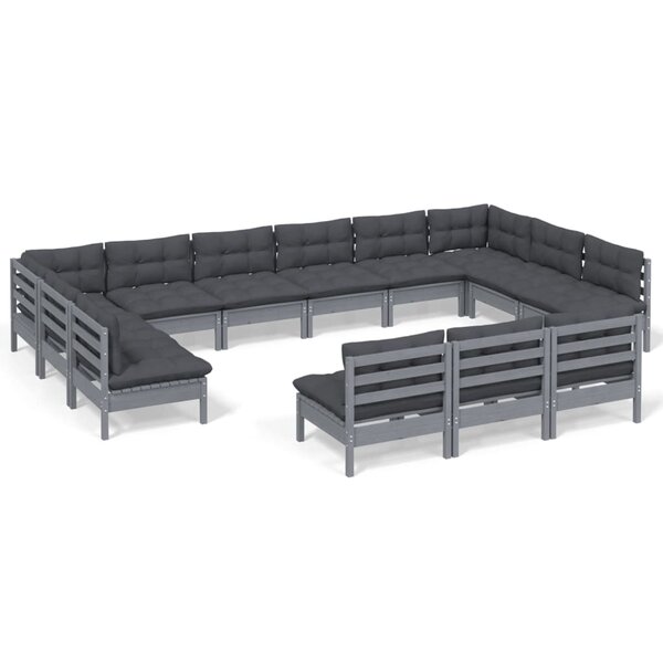 vidaXL Salon de jardin 13 Pièces avec coussins Gris Bois de pin solide
