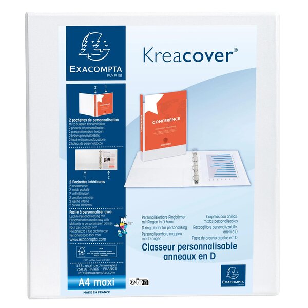 Classeur Pp Personnalisable Kreacover - 2 Anneaux En D 40mm - A4 Maxi - Blanc - X 10 - Exacompta