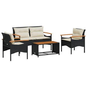 vidaXL Salon de jardin 4 Pièces avec coussins noir résine tressée