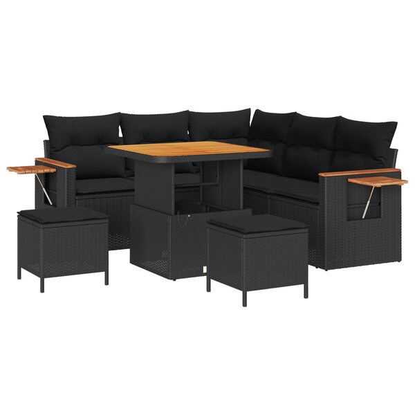 Ensemble de canapé de jardin 8 pièces avec coussins noir en poly rotin