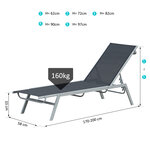 Bain de soleil transat - chaise longue - design contemporain - dossier inclinable multi-positions - métal époxy textilène noir - dim. 170 x 58 x 97 cm