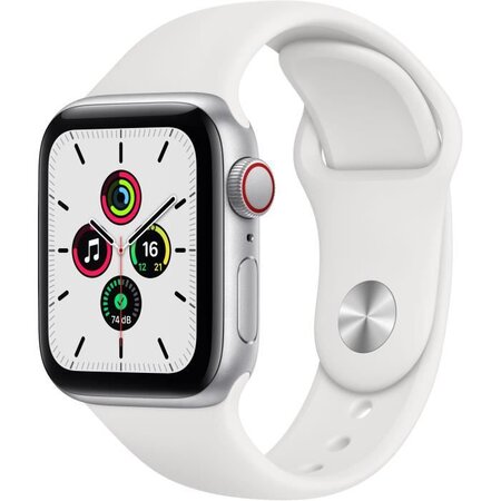 Apple Watch SE GPS + Cellular, 40mm Boîtier en Aluminium Argent avec Bracelet Sport Blanc