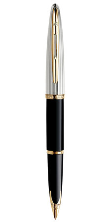 WATERMAN Carene Deluxe stylo plume, noir brillant et plaqué argent, attributs dorés, plume moyenne 18K, en écrin