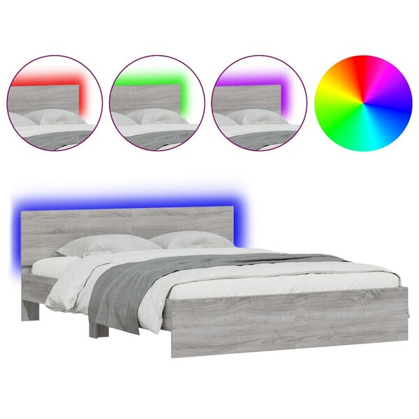 vidaXL Cadre de lit avec tête de lit et LED sonoma gris 150x200 cm