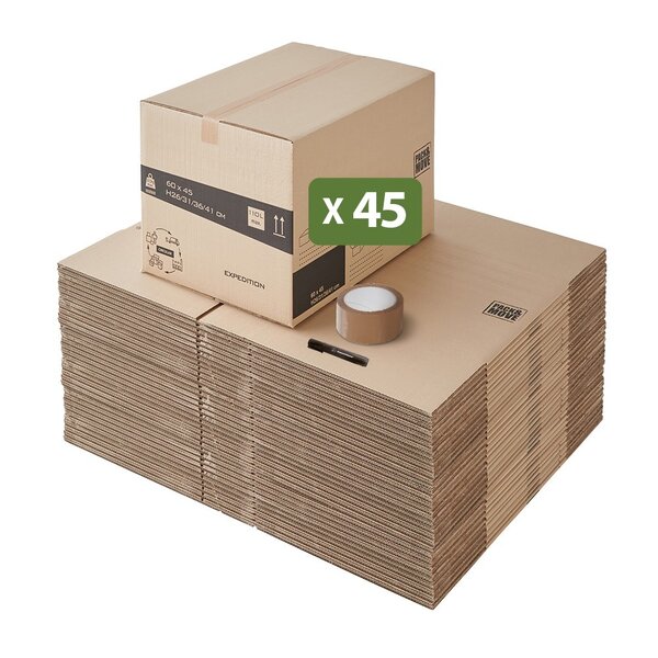Pack and Move - Lot 45 cartons déménagement hauteur modubale variable  personnalisable - 60 x 45 x 31-41 cm - Poignées renforcées - 1 adhésif offert