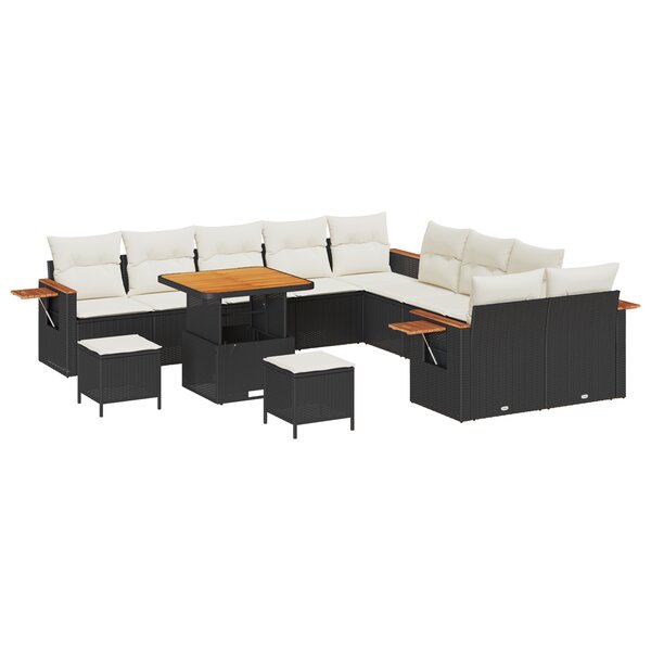 vidaXL Ensemble de salon de jardin 13 pièces avec coussins - Noir  Poly rotin  Acacia