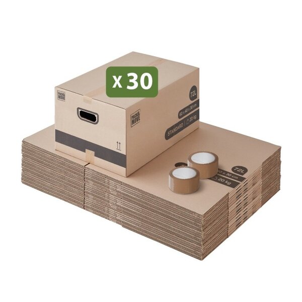 Pack and Move - Lot 30 Cartons Déménagement Stockage M -  60 x 40 x 30 cm - Poignées renforcées -  2 adhésifs offerts