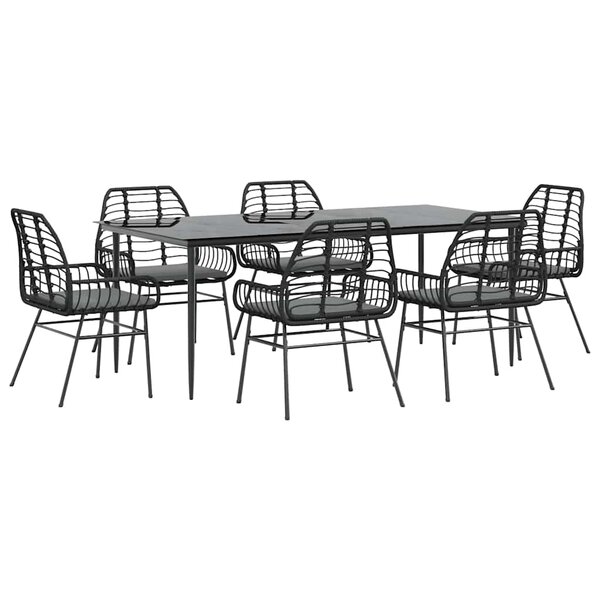 vidaXL Ensemble à manger de jardin coussins 7Pièces noir poly rotin verre