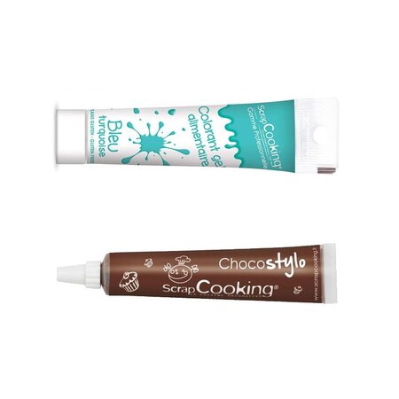 Stylo chocolat + Gel colorant alimentaire bleu turquoise