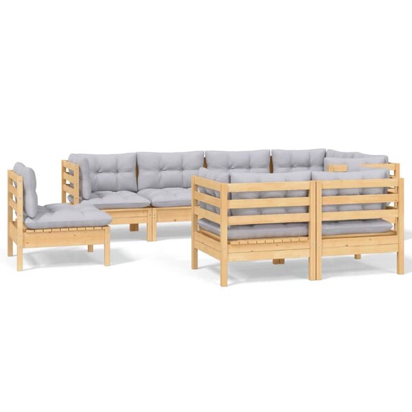 vidaXL Salon de jardin 8 Pièces avec coussins gris Bois de pin massif