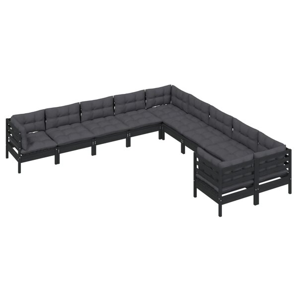 Salon de jardin meuble d'extérieur ensemble de mobilier 10 pièces avec coussins noir bois de pin 02_0015099