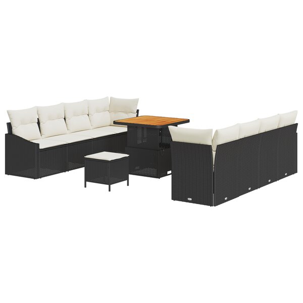 vidaXL Ensemble de canapés de jardin 11 pièces avec coussins en poly rotin noir et acacia.