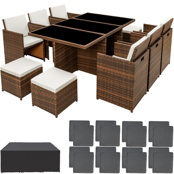 Tectake Salon de jardin NEW YORK 10 places avec 2 sets de housses + housse de protection, variante 2 - noir/marron