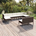 vidaXL Salon de jardin 9 Pièces avec coussins résine tressée marron