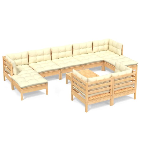 vidaXL Salon de jardin 10 Pièces avec coussins crème bois de pin massif