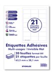 20 planches a4 - 21 étiquettes 63,5 mm x 38,1 mm autocollantes invisibles mat par planche pour tous types imprimantes - jet d'encre/laser/photocopieuse