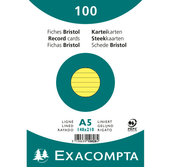 Paquet de 100 Fiches Bristol A5 jaune ligné. s/s film EXACOMPTA