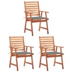 vidaXL Chaises à manger d'extérieur lot de 3 et coussins Acacia massif
