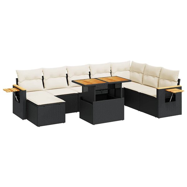 vidaXL Salon de jardin avec coussins 9 Pièces noir résine tressée acacia